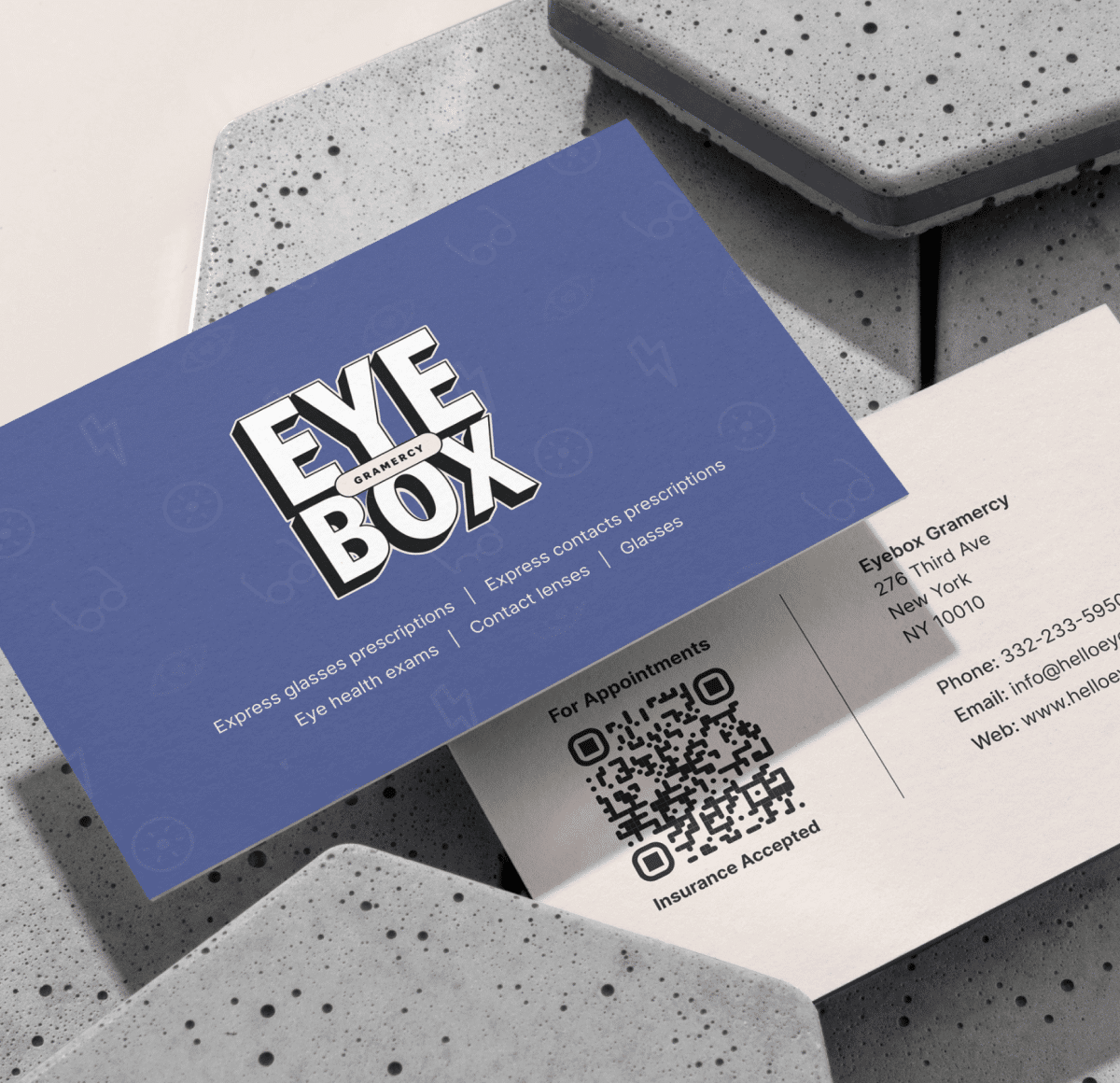 Business cards, branded typography, brand assets, QR code, and print design for Hello Eye Box by Verve Concepts, a NYC branding agency