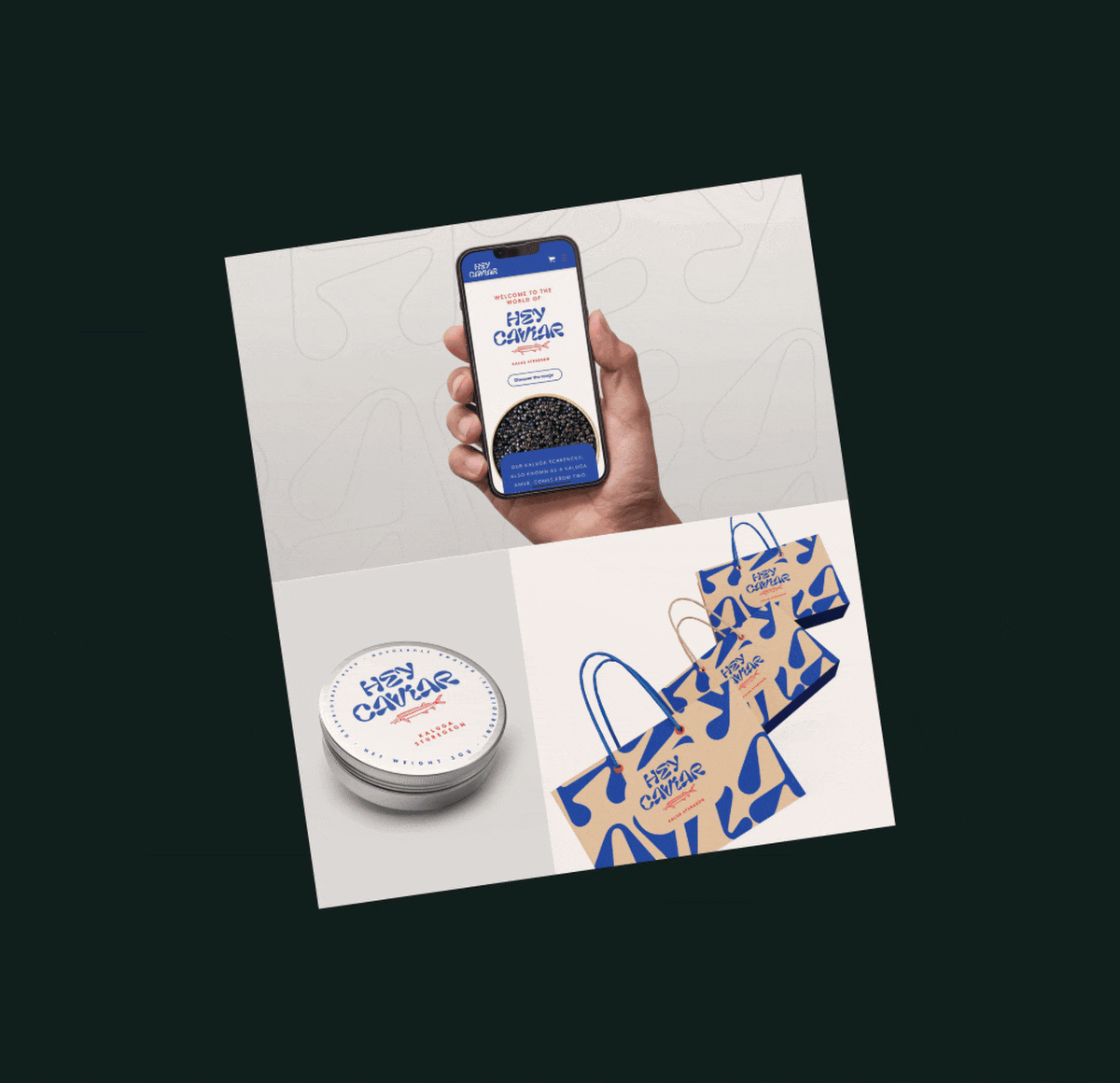 Brand identity, packaging, and digital assets for Hey Caviar designed by Verve Concepts, a full-service branding agency in NYC.