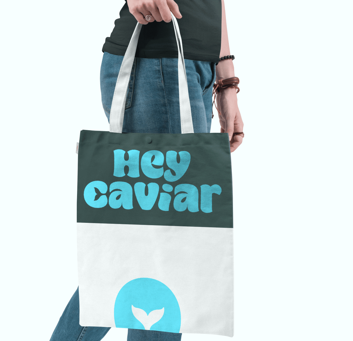 Branded merchandise, marketing collateral and tote bag design for Hey Caviar by Verve Concepts, a full-service branding agency in NYC.